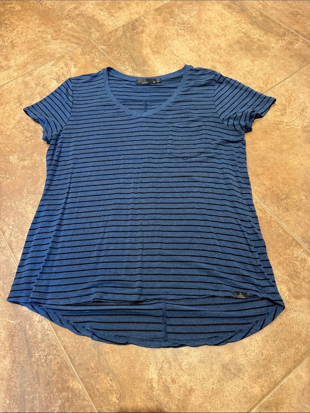 Prana Blue Striped Foundation  V-Neck Short Sleeve Pocket Tee—Size Medium